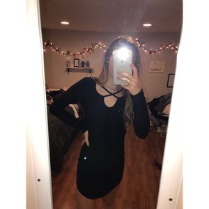 Black Strappy Detail Flattering Long Sleeve Dress